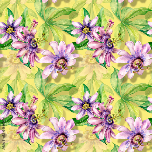 Passion flower plant watercolor seamless pattern isolated on yellow.