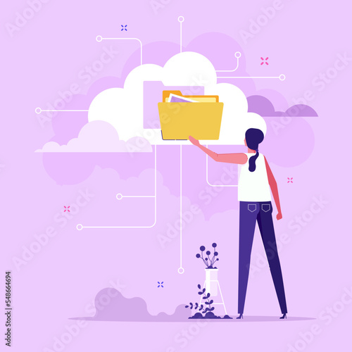 Man putting folder on cloud. Concept of internet hosting, online service for file management and digital information storage, web database, flat vector illustration