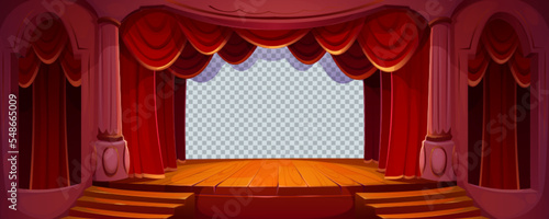 Theater stage with red curtains, columns, wooden floor with stairs and empty copy space. Classic theatre scene for performance, opera, concert, dance or music show mockup, Cartoon vector background