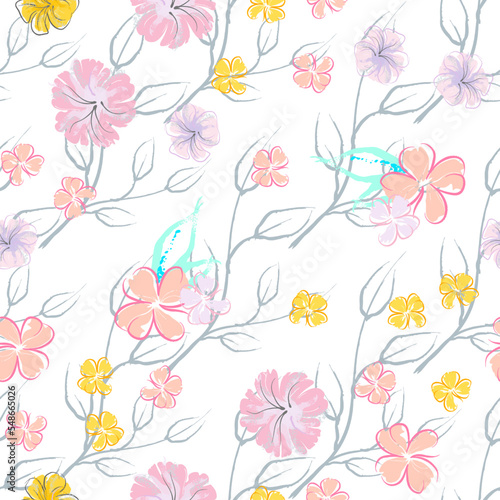 Pink Flowers Blooming Pattern. Pastel Watercolor.