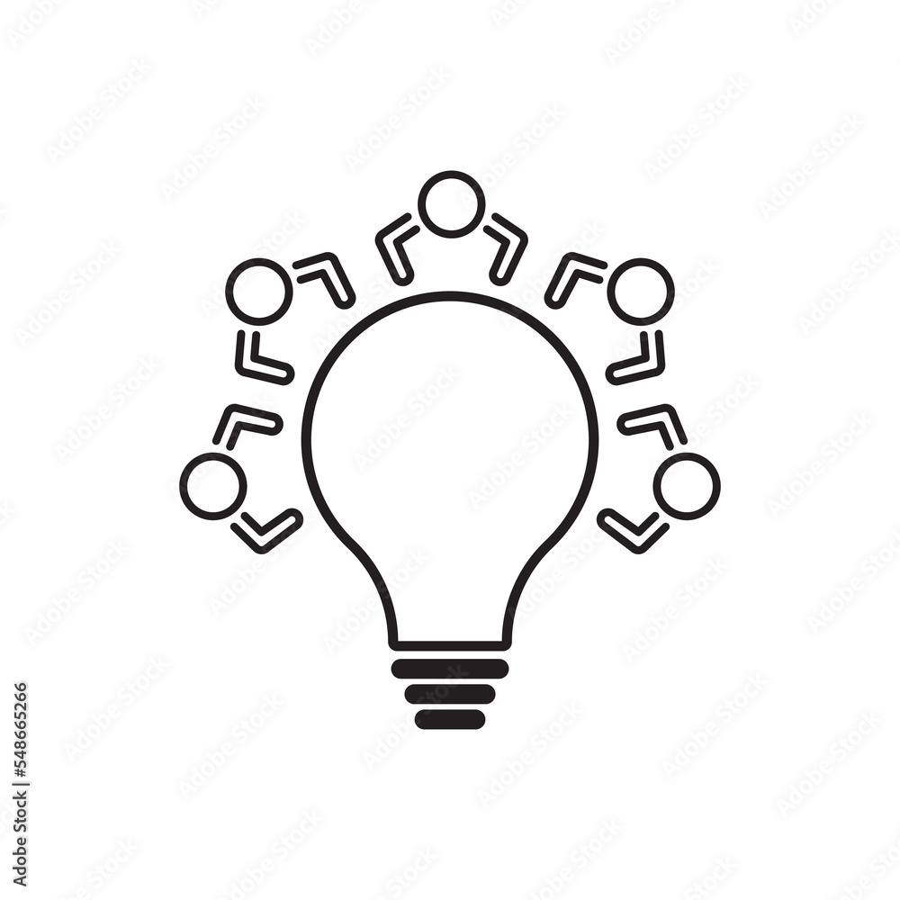 team brainstorm icon, share business idea, community innovation development, group people, creative knowledge, meeting table lightbulb, thin line symbol team brainstorm icon, share business idea, community innovation development, group people, creative knowledge, meeting table lightbulb, thin line symbol