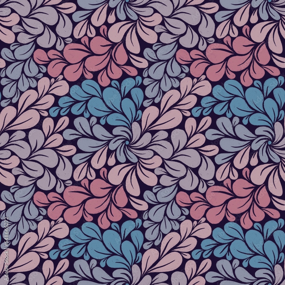 a seamless pattern with plant patterns in a blue, pink color scheme on a black background