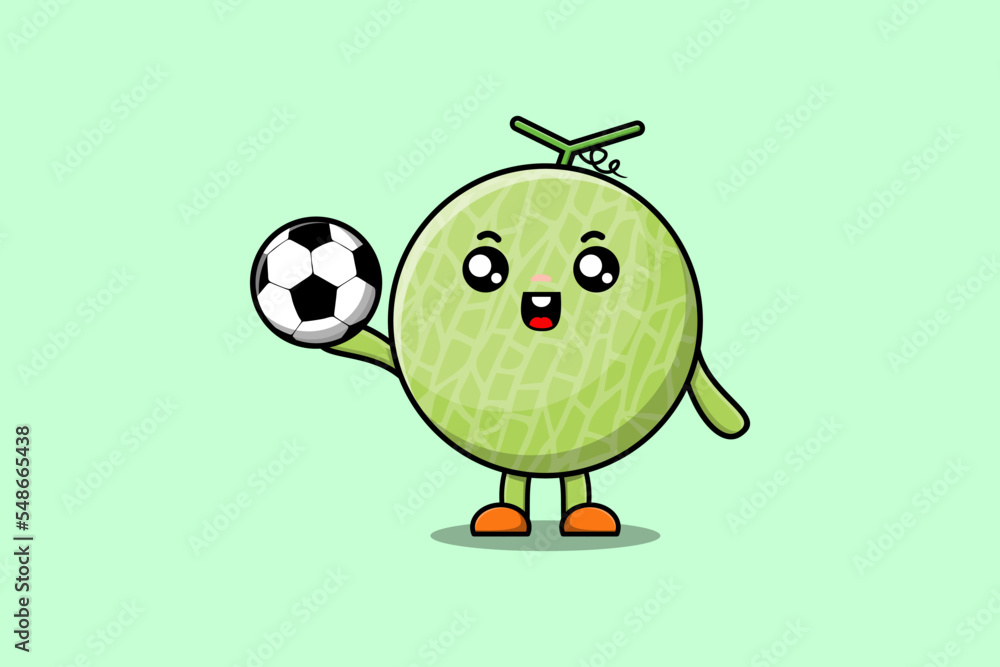 Fototapeta premium Cute cartoon Melon character playing football in flat cartoon style illustration