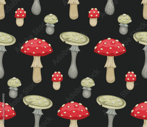 Seamless pattern with cartoon poisonous mushrooms on dark gray background. Autumn drawing of forest amanitas in row. Natural vector texture