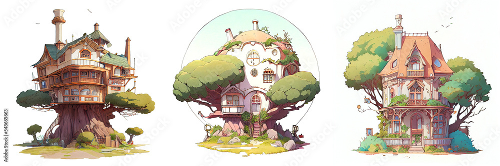 Set of Studio Ghibli House and Home Design Illustration, Tree House,  Cartoon Home Design Ideas Stock Illustration | Adobe Stock