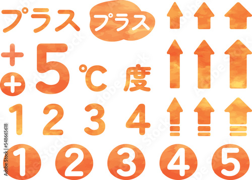 水彩風の温かい温度と数字とやじるしセット