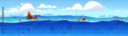 Ocean or sea underwater background cross section view and cloudy sky. Sandy bottom, rocks, weeds and fishes swimming under water surface, marine scene, Cartoon vector illustration, game background