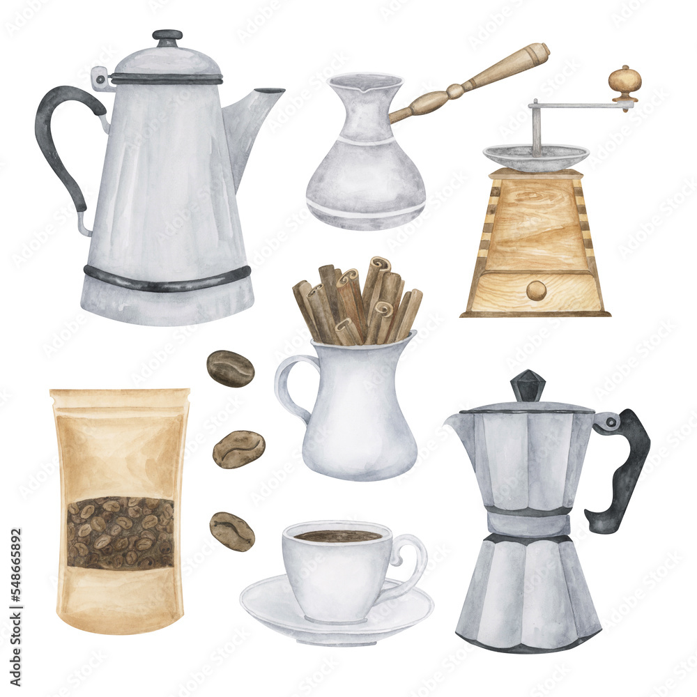 Coffee set watercolor illustration. Coffee grinder, moka pot, vintage coffee pot clipart elements collection. Coffee set watercolor illustration. Coffee grinder, moka pot, vintage coffee pot clipart elements collection.