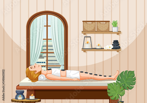 Woman gets stone massage in spa scene