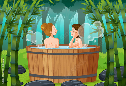 Women in hot tub spa in the forest