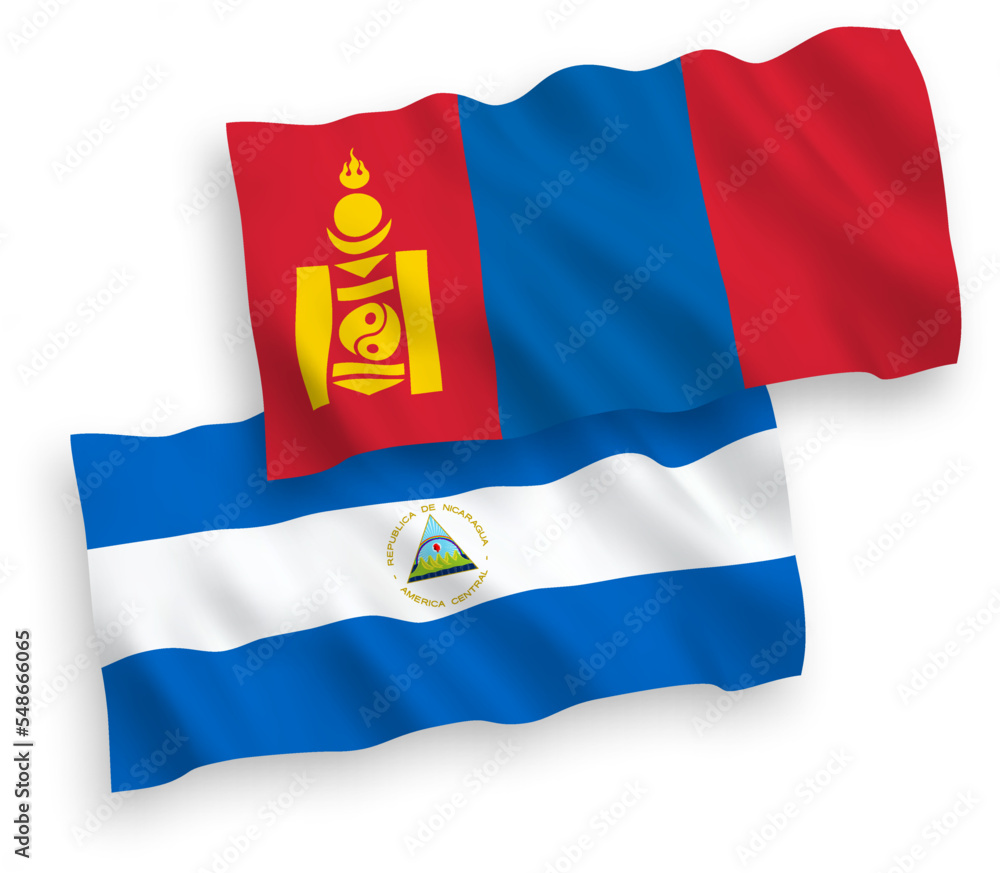 Fototapeta premium National vector fabric wave flags of Nicaragua and Mongolia isolated on white background. 1 to 2 proportion.
