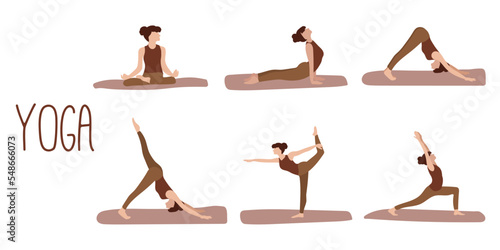 Poses for yoga set. Six postures for yoga, a woman does yoga. Meditation and relaxation. Flat style. Illustrations for posts, articles, yoga app design, etc. Vector illustration.