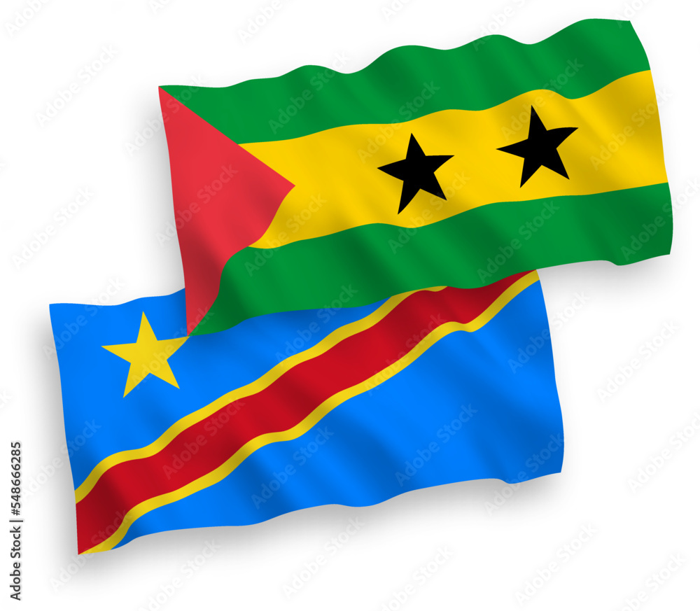 National vector fabric wave flags of Saint Thomas and Prince and Democratic Republic of the Congo isolated on white background. 1 to 2 proportion.