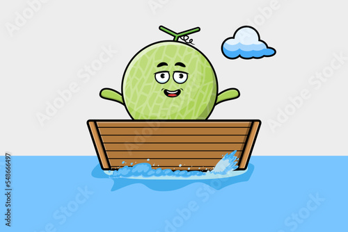 cute cartoon Melon get on boat in vector character illustration