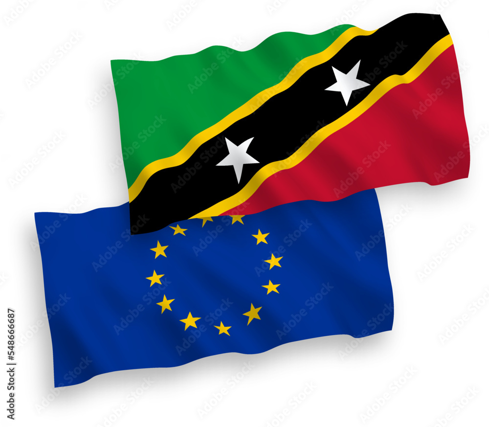 National vector fabric wave flags of European Union and Federation of Saint Christopher and Nevis isolated on white background. 1 to 2 proportion. National vector fabric wave flags of European Union and Federation of Saint Christopher and Nevis isolated on white background. 1 to 2 proportion.