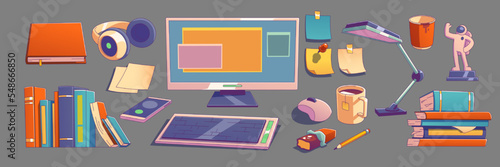 Set of workplace objects computer monitor, keyboard, mouse, smartphone, books and headphones. Sticky notes, coffee cup, pencil and chocolate bar, Cartoon linear vector illustration in retro colors