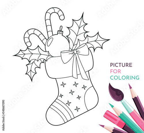 Christmas sock with gifts and Christmas decorations. Image for coloring on a white background.