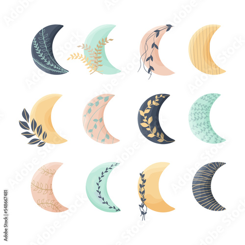 Set of hand drawn various crescents decorated with floral ornaments, stems, branches, leaves in boho style. Isolated on white background