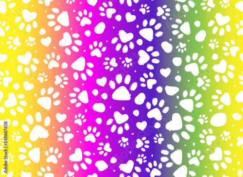  Animal paw rainbow print seamless pattern.Dalmatian Spots. Vector hand-drawn background