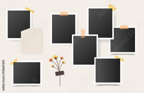 Big set of Retro instant photos on beige wall. Mood board of blank photo frames for memories. Snapshots glued with color adhesive tape. Vector illustration