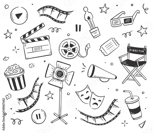 Movie, cinema doodle icon illustration. Doodle hand drawn sketch style movie elements, popcorn, video camera, clapperboard. Vector line illustration.