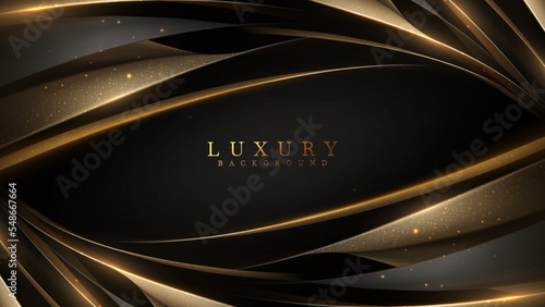 Black luxury background with golden ribbon elements and glitter light effect decoration and bokeh and stars. Realistic 3d style design. Vector illustration.