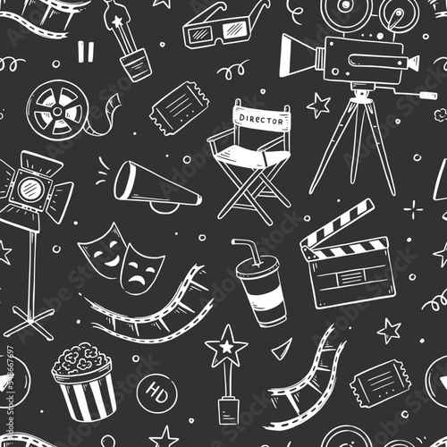 Movie, cinema vector pattern. Doodle hand drawn sketch style movie seamless pattern. Cinema elements for media production, festival, theater background. Vector illustration.