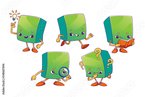 Rectangular parallelepiped or cuboid cartoon character emotions. Isolated math personage having idea, reading book, run, searching information, thinking, funny creature for kids school game vector set