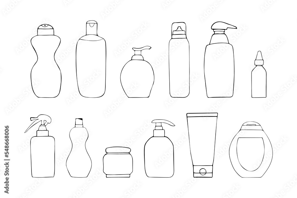 Set of hand drawn cosmetic bottles. Doodle clipart include containers for Cream, Lotion, Shampoo, Spray and Soap, Foam for design. Isolated on white background. Set of hand drawn cosmetic bottles. Doodle clipart include containers for Cream, Lotion, Shampoo, Spray and Soap, Foam for design. Isolated on white background.