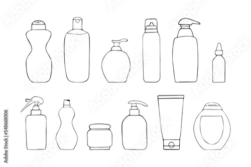 Set of hand drawn cosmetic bottles. Doodle clipart include containers for Cream, Lotion, Shampoo, Spray and Soap, Foam for design. Isolated on white background.