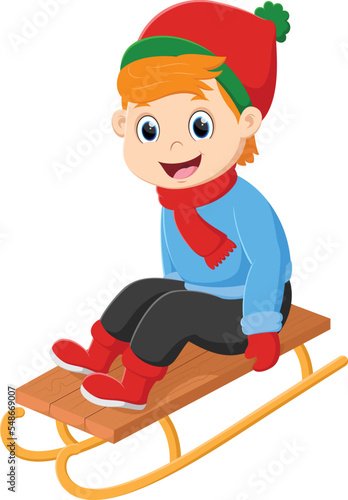 Happy Cartoon little boy sledding down