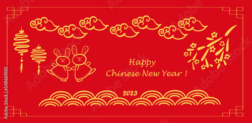 Chinese New Year 2023, the year of the rabbit, red and gold line art characters, simple hand-drawn Asian elements .
