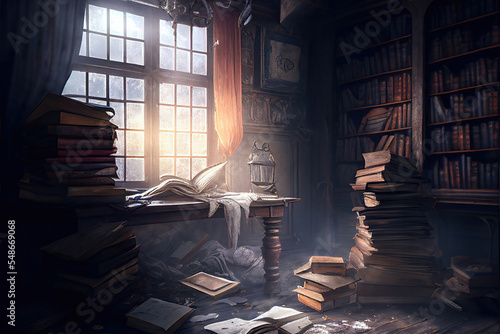AI generated image of an old abandoned dusty room with books strewn around
