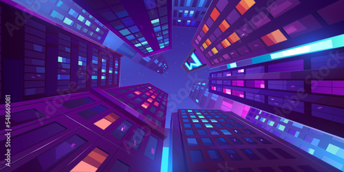Night city low angle view at skyscrapers against dark sky with stars. Neon glowing high buildings upwards, highrise urban architecture with light reflection in windows, Cartoon vector illustration
