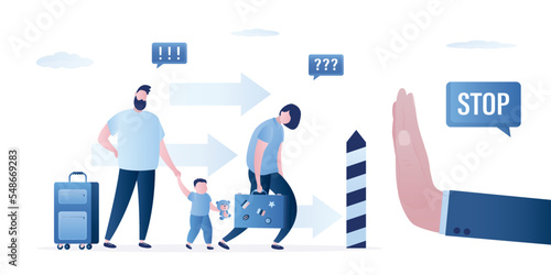 Immigration difficulties, family of refugees cannot relocate due to restrictions, sanctions or visa problems. Hand gesture - stop, border closed. Emigration, escape from war, social problems.