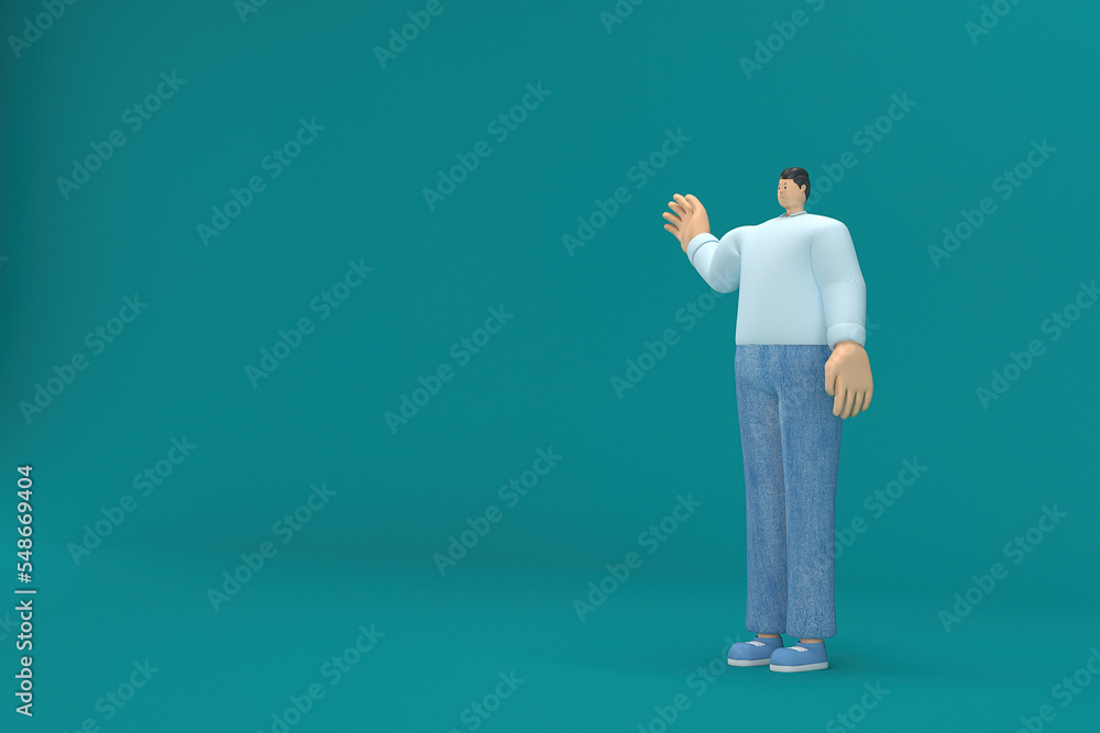 cartoon character wearing jeans and long shirt. He is expression of body and hand when talking. 3d rendering in acting. cartoon character wearing jeans and long shirt. He is expression of body and hand when talking. 3d rendering in acting.