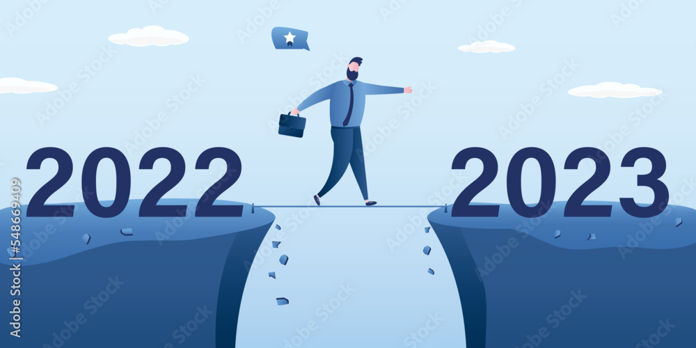 Obraz premium Year 2023 hope, new year resolution or success opportunity, overcome business difficulty, ambitious businessman walks tightrope over an abyss from 2022 to 2023 year