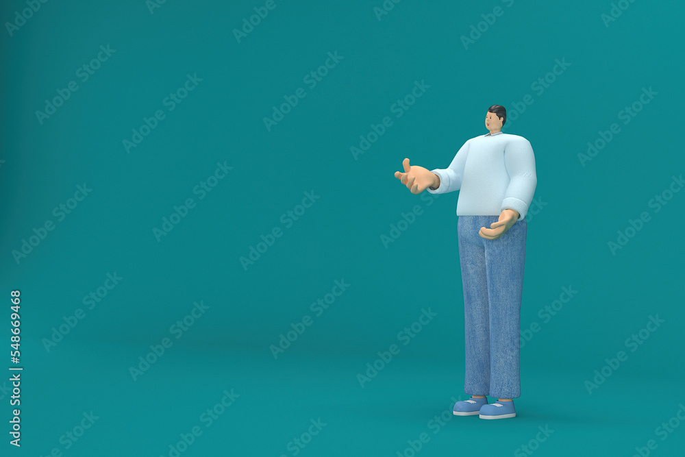 cartoon character wearing jeans and long shirt. He is expression of body and hand when talking. 3d rendering in acting. cartoon character wearing jeans and long shirt. He is expression of body and hand when talking. 3d rendering in acting.