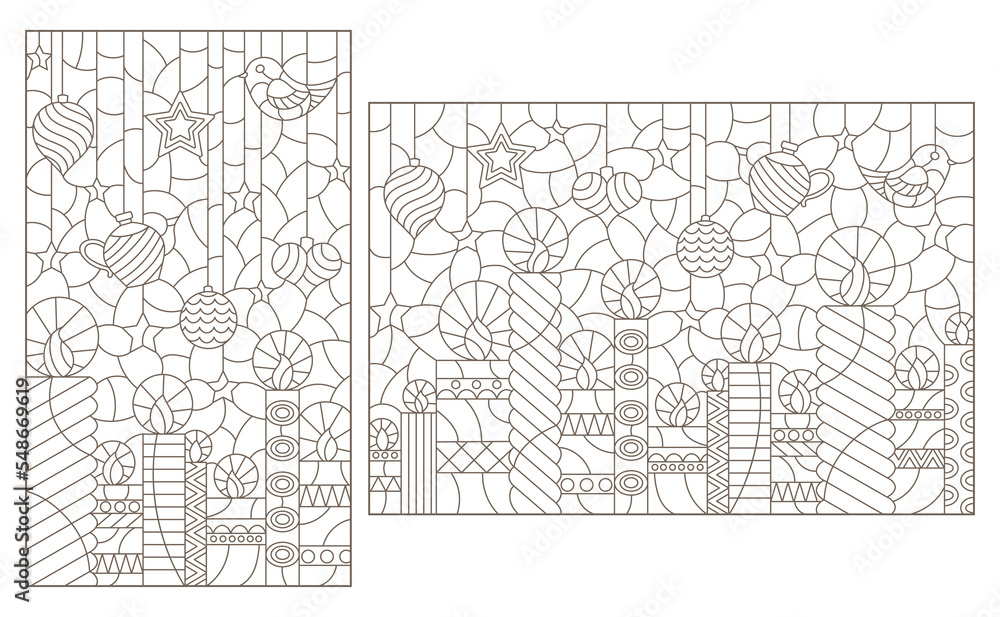 A set of contour illustrations in the style of stained glass with candles and Christmas tree toys, dark contours on a white background A set of contour illustrations in the style of stained glass with candles and Christmas tree toys, dark contours on a white background