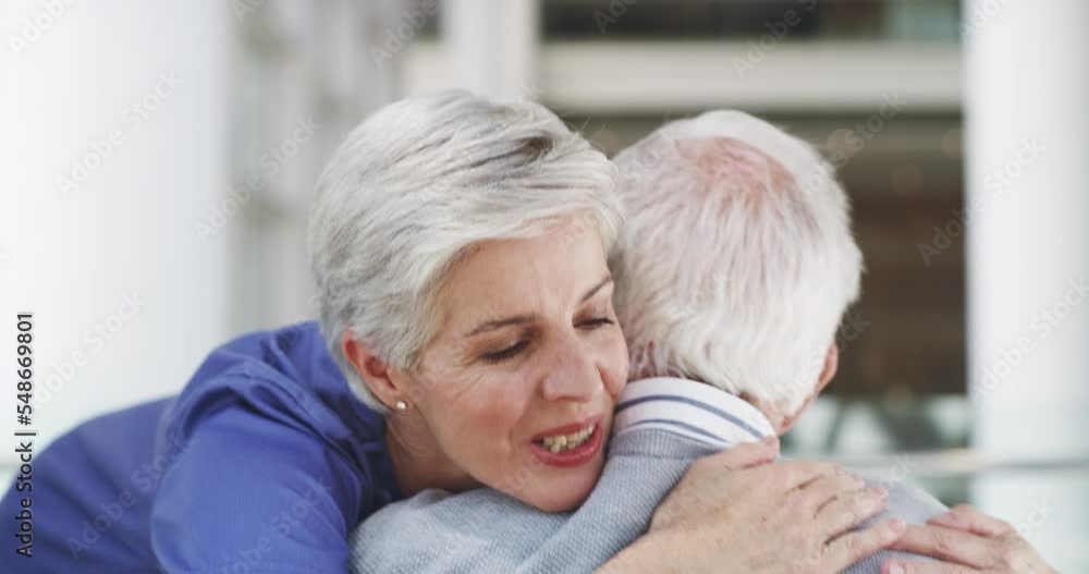 Healthcare, hug and nurse with a senior man patient in a hospital for medical, insurance or treatment. Support, care and trust with a female medicine professional and mature male hugging in a clinic Healthcare, hug and nurse with a senior man patient in a hospital for medical, insurance or treatment. Support, care and trust with a female medicine professional and mature male hugging in a clinic