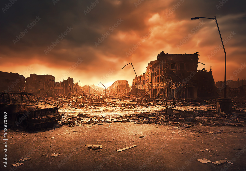 A city destroyed by a nuclear strike. Consequences of the global military conflict. Realistic digital illustration. Fantastic Background. Concept Art. CG Artwork.