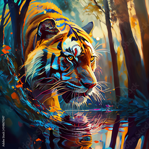 of a vector art graphic style illustration of a photo realistic tiger in sunny woods
