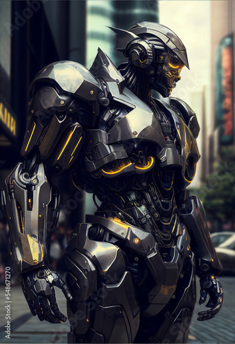  A Steampunk Human Full Body Robotic Android with Full Cybernetic Metallic Helmet and Body Armor Suit