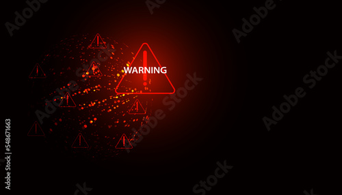 Abstract red warning symbol on circle background for warning disaster or cyber defense threat global warming crisis or war