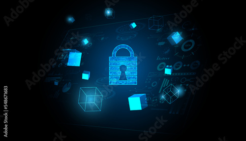 Abstract Padlock Cyber Security Blockchain Hack Prevention By blockchain, security, on blue background, futuristic