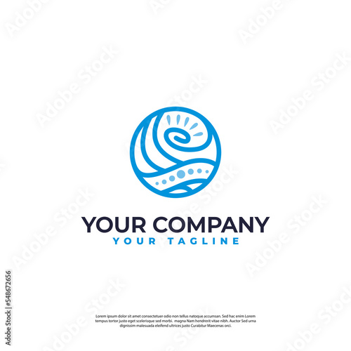 logo illustration of a view on the sea with the sun rising or setting in modern line art style