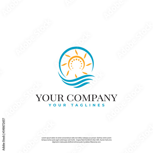 logo illustration of a view on the sea with the sun rising or setting in modern line art style