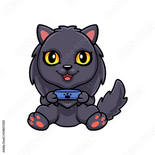 Cute highland fold cat cartoon holding food bowl