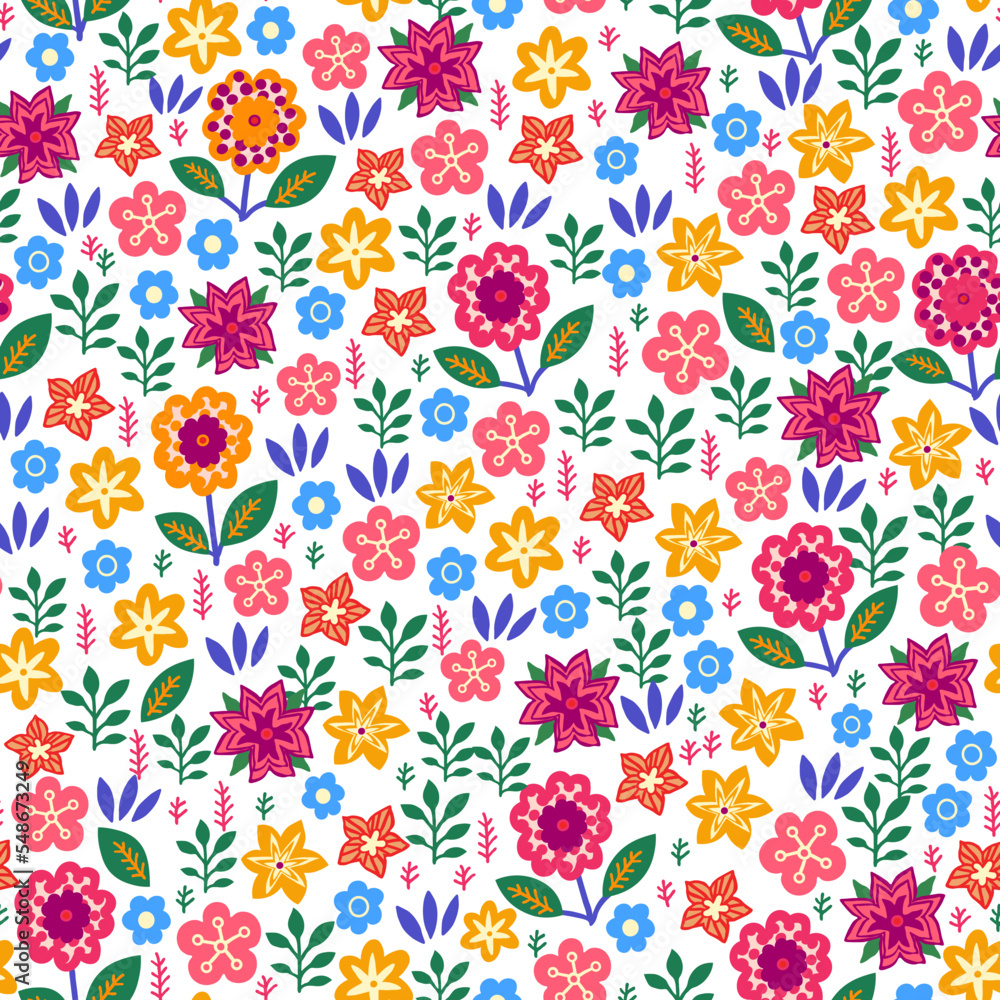 Amazing seamless floral pattern with bright multicolored flowers and leaves on a white background. An elegant template for fashionable prints. Modern floral background. Folk style.