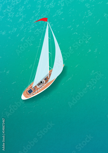 Yacht in the blue lagoon. Vector illustration of a realistic yacht sailing on turquoise colored water. Sketch for creativity.